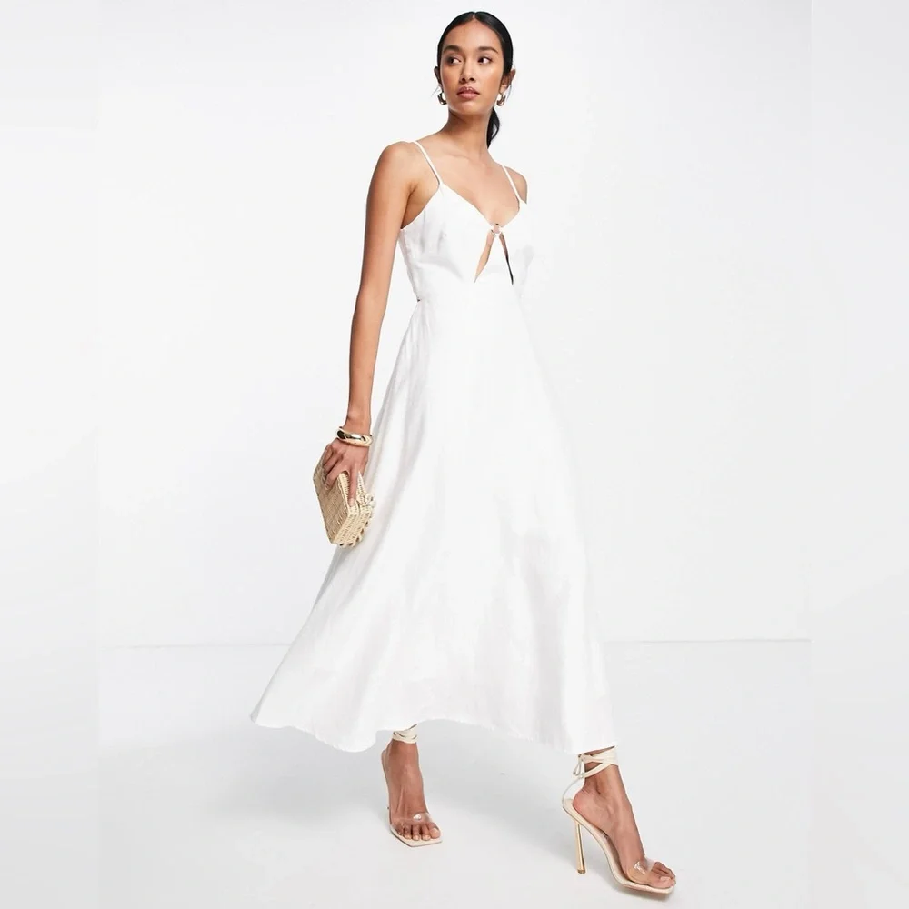 ASOS EDITION linen cami midi dress with cut out detail in white - Picture 2 of 8